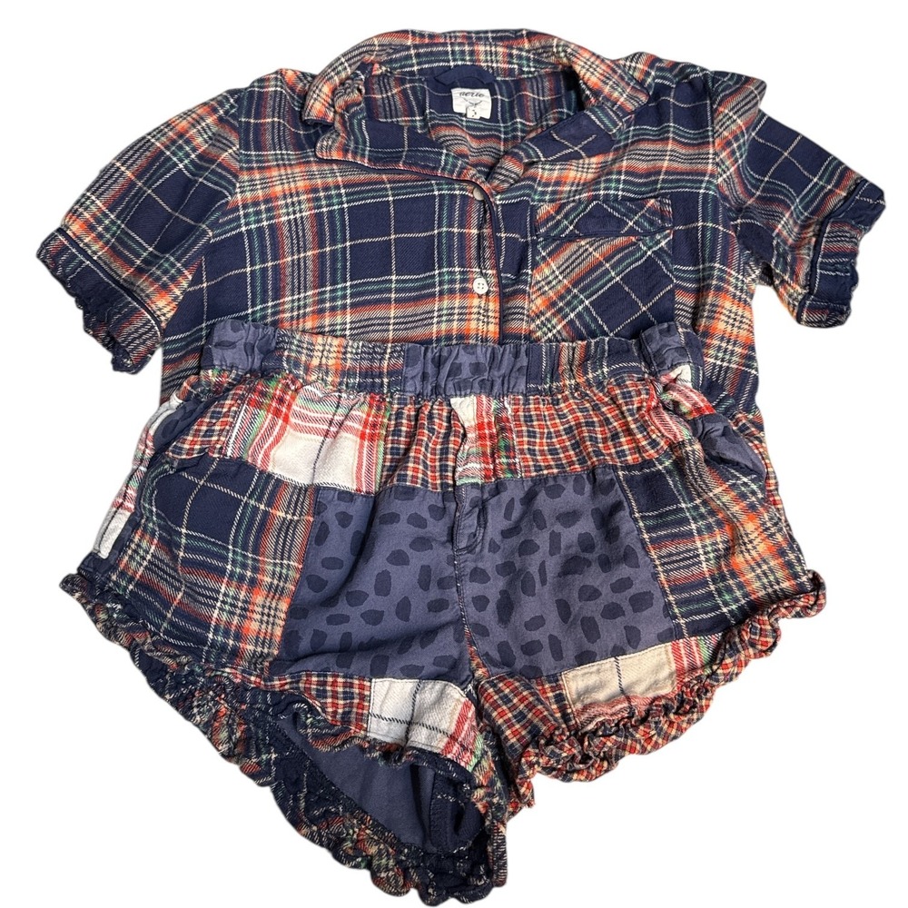 Aerie Plaid‎ Holiday Pajama Set Women's S Orange Blue Short Sleeve Preowned